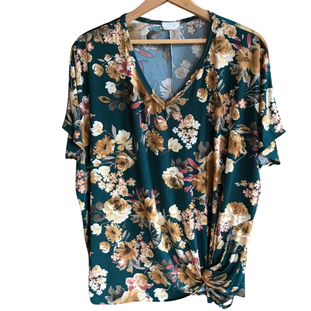 Be Stage Floral Twist Front Top Short Dolman Sleeves Dark Green Brown Coral Sz M